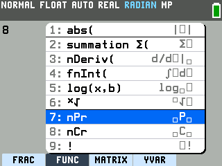 The TI-84 Evo FUNC shortcut menu, opened with alpha and window, with nPr as item 7 and nCr as item 8