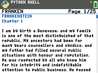 The TI-84 Evo showing the first screen of Frankenstein chapter one as a note named FRANKEN, with Page 1/25 in the top bar