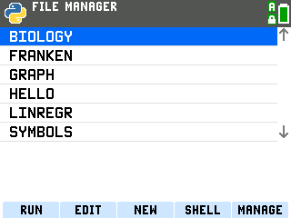 The TI-84 Evo Python App file manager listing BIOLOGY, FRANKEN, GRAPH, HELLO, LINREGR and SYMBOLS, with BIOLOGY highlighted