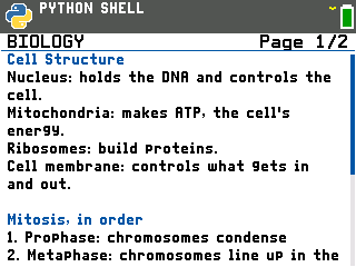 The TI-84 Evo showing the first screen of a note named BIOLOGY, with Cell Structure as a blue heading and Page 1/2 in the top bar