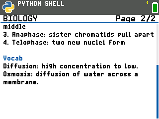 The second screen of the BIOLOGY note on the TI-84 Evo, with Page 2/2 in the top bar and Vocab as a blue heading