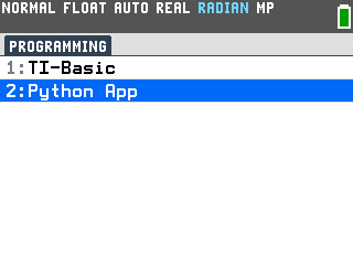 The TI-84 Evo PROGRAMMING menu with 1:TI-Basic and 2:Python App, Python App highlighted