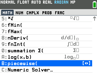 The TI-84 Evo MATH menu with B: piecewise( highlighted, just above C: Numeric Solver