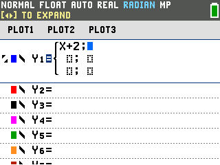 The first row of the piecewise template reading X+2, with the cursor in its condition box