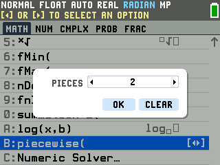 The TI-84 Evo PIECES box over the MATH menu, with OK and CLEAR buttons