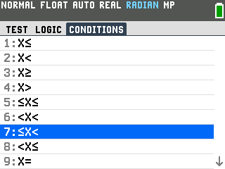 The CONDITIONS tab with item 7, less than or equal to X less than, highlighted