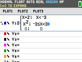 The second row of the template complete: X squared when negative 3 is less than or equal to X and X is less than 3