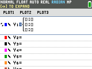 An empty three-row piecewise template on the Y1 line of the TI-84 Evo Y= editor