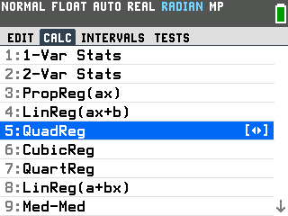 The CALC tab of the TI-84 Evo STAT menu with QuadReg highlighted