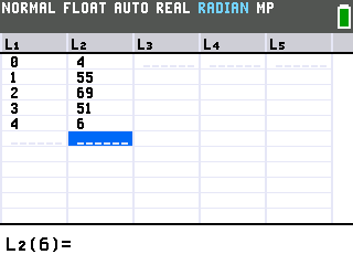 The TI-84 Evo list editor with 0 to 4 in L1 and 4, 55, 69, 51, 6 in L2