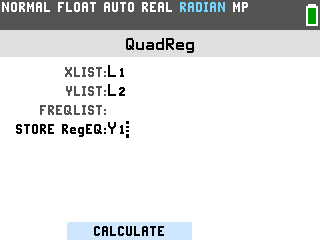 The QuadReg setup screen with STORE RegEQ set to Y1