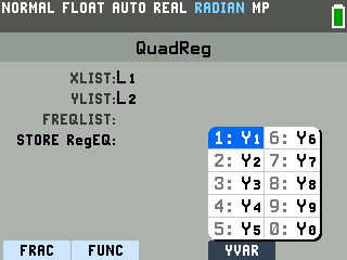 The YVAR shortcut menu open over the QuadReg setup screen, with 1: Y1 highlighted