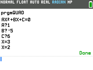 Quadratic Formula program on a TI-84 Evo