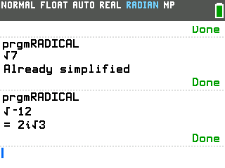 Radical Simplifier on the TI-84 Evo showing the square root of negative 12 simplified to 2i square root 3