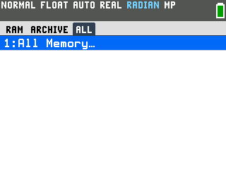 The TI-84 Evo reset screen on the ALL tab, listing 1:All Memory