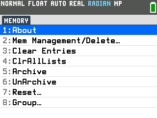 The TI-84 Evo MEMORY menu, with 7:Reset among its eight options