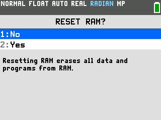 The TI-84 Evo RESET RAM? screen with 1:No and 2:Yes, warning that resetting RAM erases all data and programs from RAM