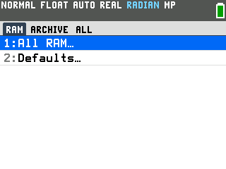 The TI-84 Evo reset screen on the RAM tab, listing 1:All RAM and 2:Defaults