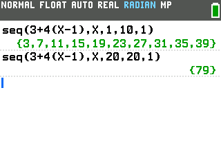 The TI-84 Evo showing seq of 3 plus 4 times X minus 1 from 20 to 20 returning 79