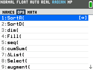 The OPS tab of the TI-84 Evo LIST menu, with seq as item 5