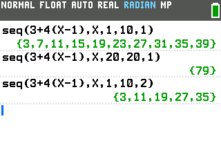 The TI-84 Evo showing the sequence with a step of 2 returning 3, 11, 19, 27, 35