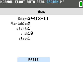 The TI-84 Evo Seq screen filled in with Expr 3 plus 4 times X minus 1, Variable X, start 1, end 10 and step 1