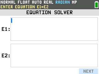 The TI-84 Evo Equation Solver screen with empty E1 and E2 boxes and the cursor in E1