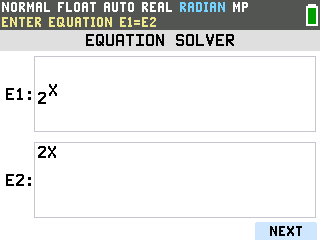 The TI-84 Evo Equation Solver with E1 showing 2 to the X and E2 showing 2X