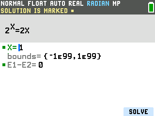 The TI-84 Evo Numeric Solver showing SOLUTION IS MARKED with X equals 1 and E1 minus E2 equals 0