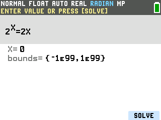 The TI-84 Evo Numeric Solver ready to solve, showing the equation, an X line reading 0, and the bounds line