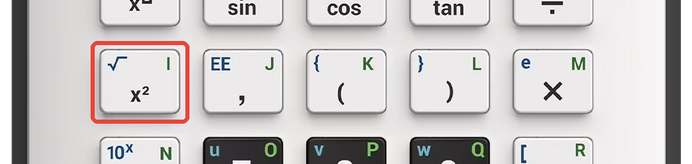 TI-84 Evo keyboard with the x-squared key highlighted, showing the square root label above it