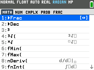 The TI-84 Evo MATH menu showing the cube root command as item 4 and the nth root as item 5