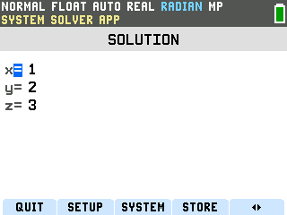 The TI-84 Evo System Solver solving a three-equation system and returning x equals 1, y equals 2, z equals 3