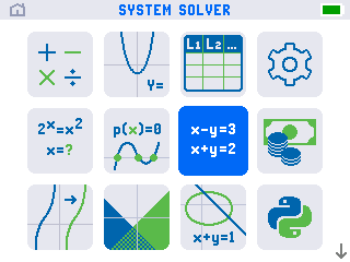 The TI-84 Evo app grid with the System Solver icon highlighted and SYSTEM SOLVER named in the title bar