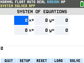 The TI-84 Evo System Solver entry grid, two blank rows reading 0x plus 0y equals 0