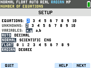 The TI-84 Evo System Solver SETUP screen with EQUATIONS and UNKNOWNS both set to 2 and variables x, y