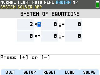 The TI-84 Evo System Solver with 2 entered as the first coefficient and the plus sign highlighted, prompting Press plus or minus