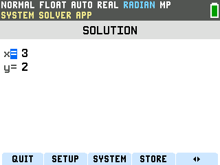 The TI-84 Evo System Solver solution screen showing x equals 3 and y equals 2