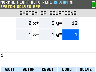 The TI-84 Evo System Solver grid holding 2x plus 3y equals 12 and x minus y equals 1