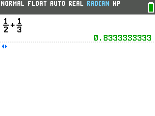 The TI-84 Evo showing 0.8333333333 after pressing the toggle key