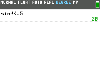The TI-84 Evo showing sin inverse of 0.5 equals 30 in degree mode