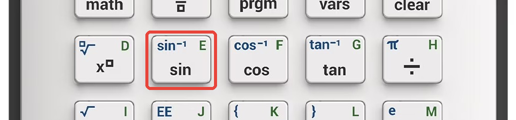 TI-84 Evo keyboard with the sin key highlighted, cos and tan visible beside it