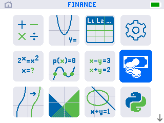 The TI-84 Evo app grid with the green Finance icon highlighted and FINANCE named in the title bar
