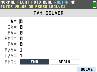 The blank TI-84 Evo TVM Solver showing the lines N, I%, PV, PMT, FV, P/Y, C/Y and the PMT END/BEGIN toggle