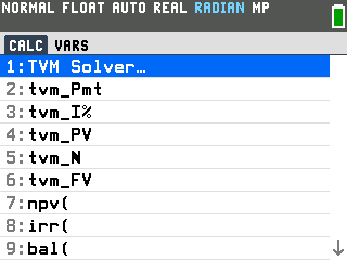 The TI-84 Evo Finance app menu with TVM Solver highlighted at the top, above tvm_Pmt, tvm_I%, npv and irr