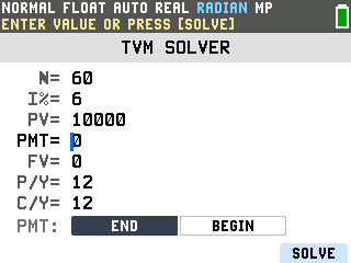 The TI-84 Evo TVM Solver with N=60, I%=6, PV=10000, P/Y=12 and C/Y=12 entered and the cursor on the PMT line