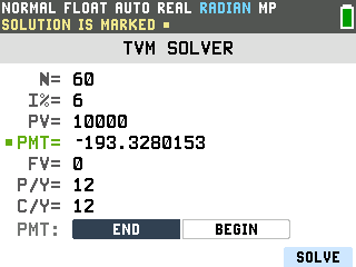 The TI-84 Evo TVM Solver showing PMT solved as negative 193.33 with SOLUTION IS MARKED in the title bar