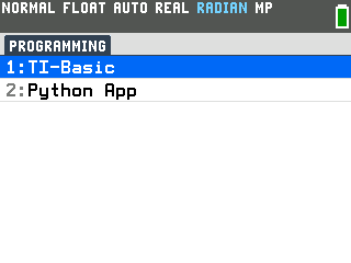 TI-84 Evo PROGRAMMING menu with 1: TI-Basic highlighted