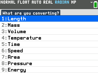 Unit Converter program running on the TI-84 Evo, listing the categories Length, Mass, Volume, Temperature, Time, Speed, Area, Pressure and Energy