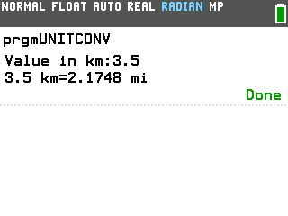 TI-84 Evo Unit Converter showing 3.5 km equals 2.1748 mi